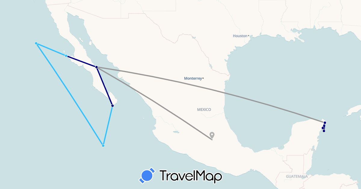TravelMap itinerary: driving, plane, boat in Mexico (North America)